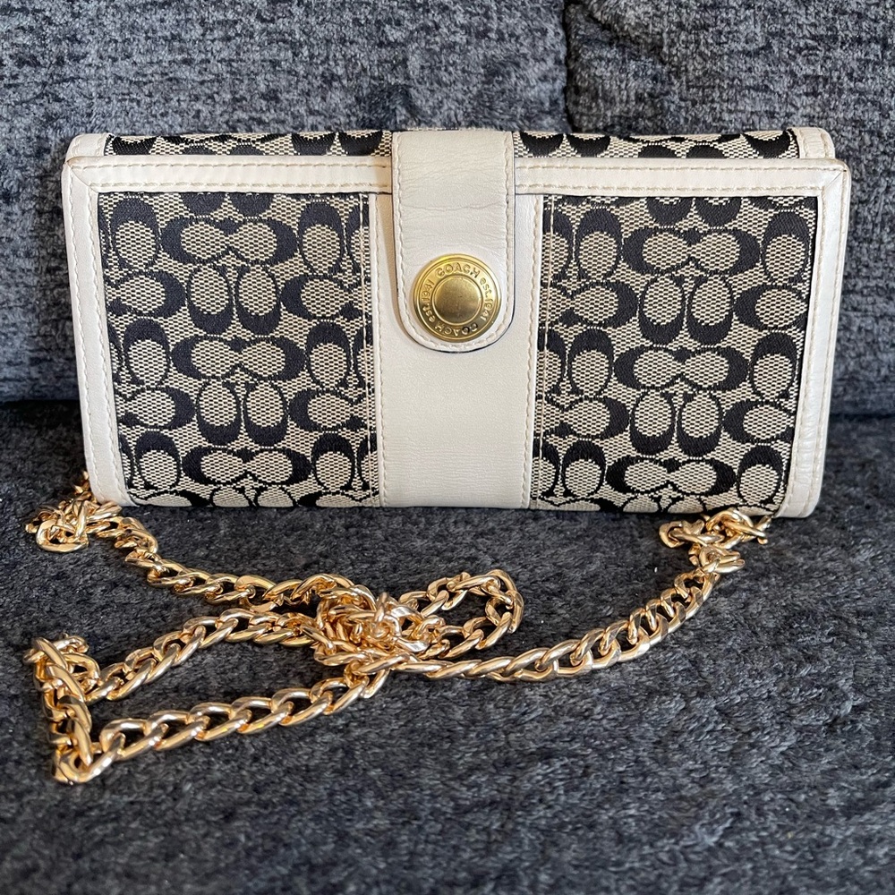 Coach Signature C Checkbook Wallet in Khaki Jacquard & Ivory Accent w/ Chain